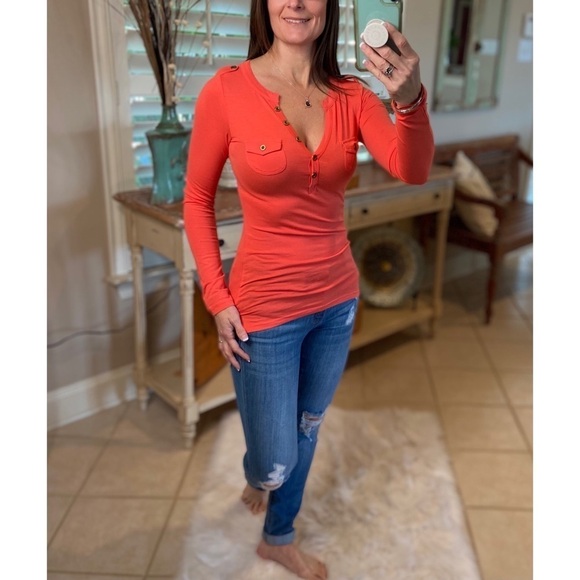 Henley Military Style Long Sleeve Lt Orange 0221 - Picture 1 of 3